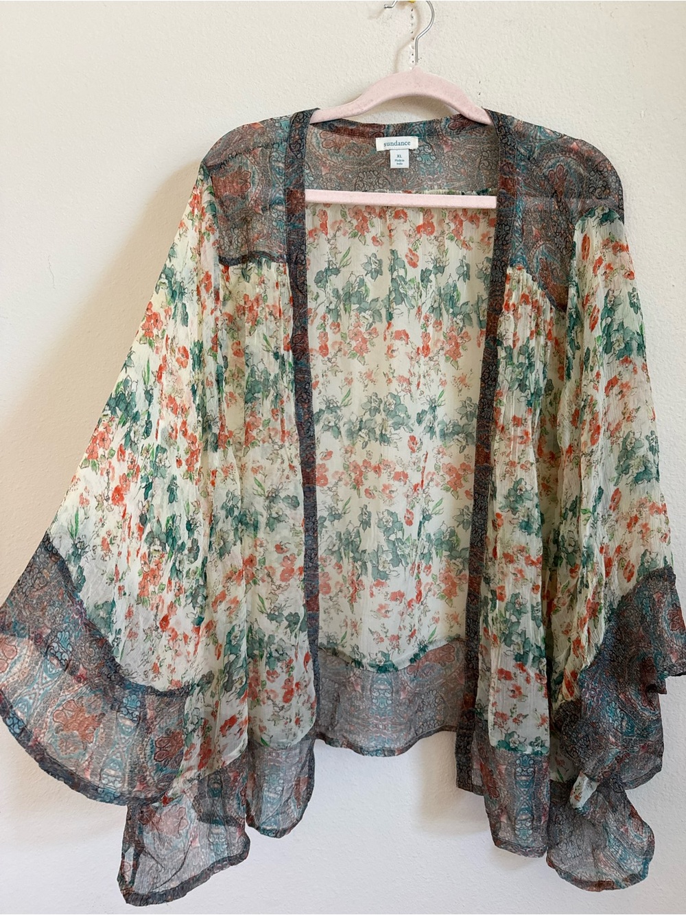 Sundance Boho Floral Cream Sheer Batwing Kimono size XL